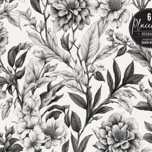 Placemat Set of 6 (Reusable) - Floral Black and White