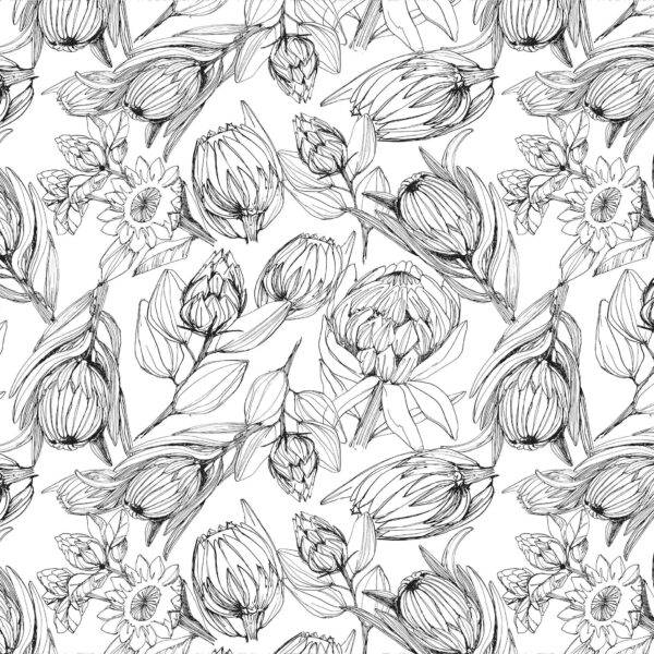 Tablecloth (Mock Linen) - Protea Sketch White