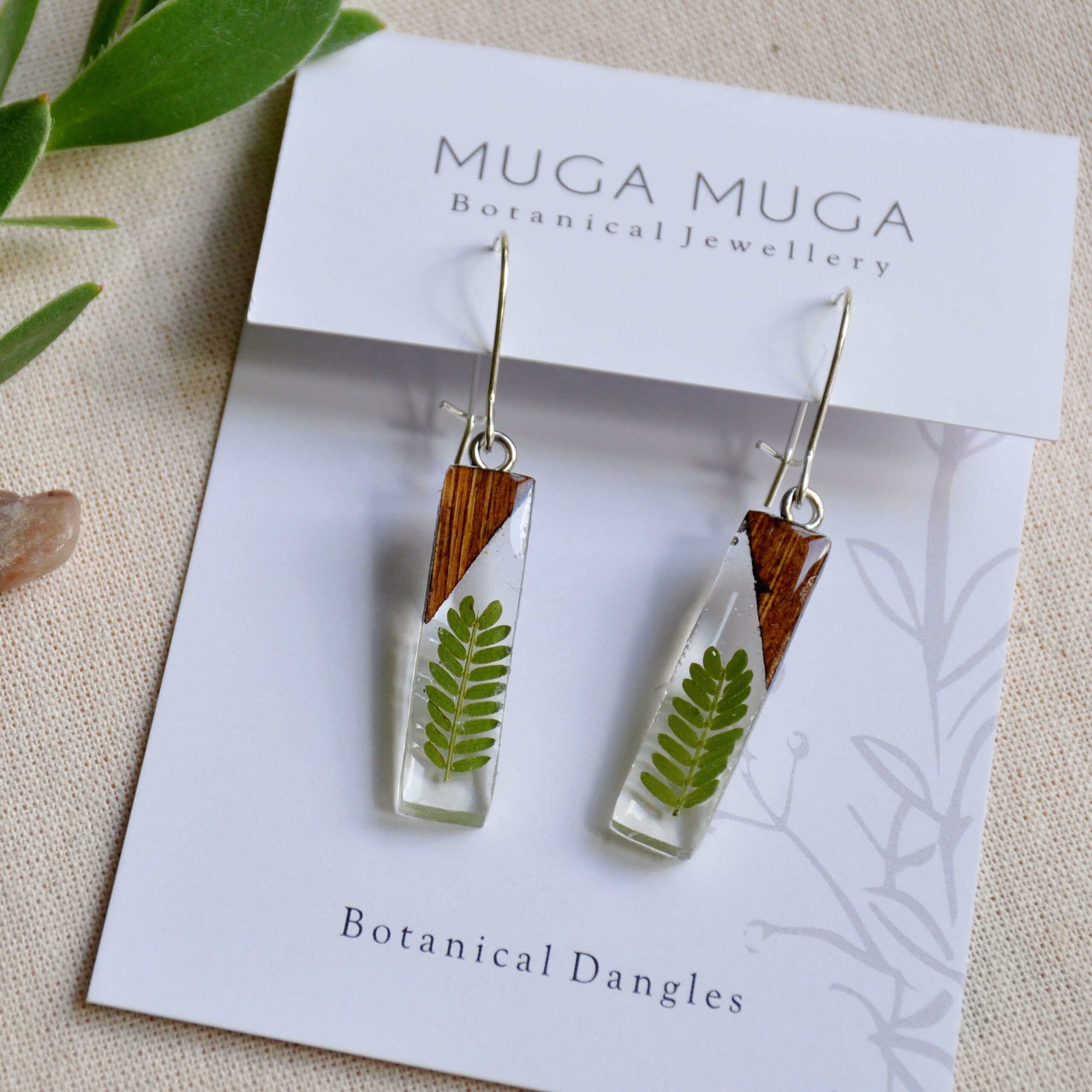Muga Muga Dangle Earrings - Halfie Rectangle Thorn Leaf