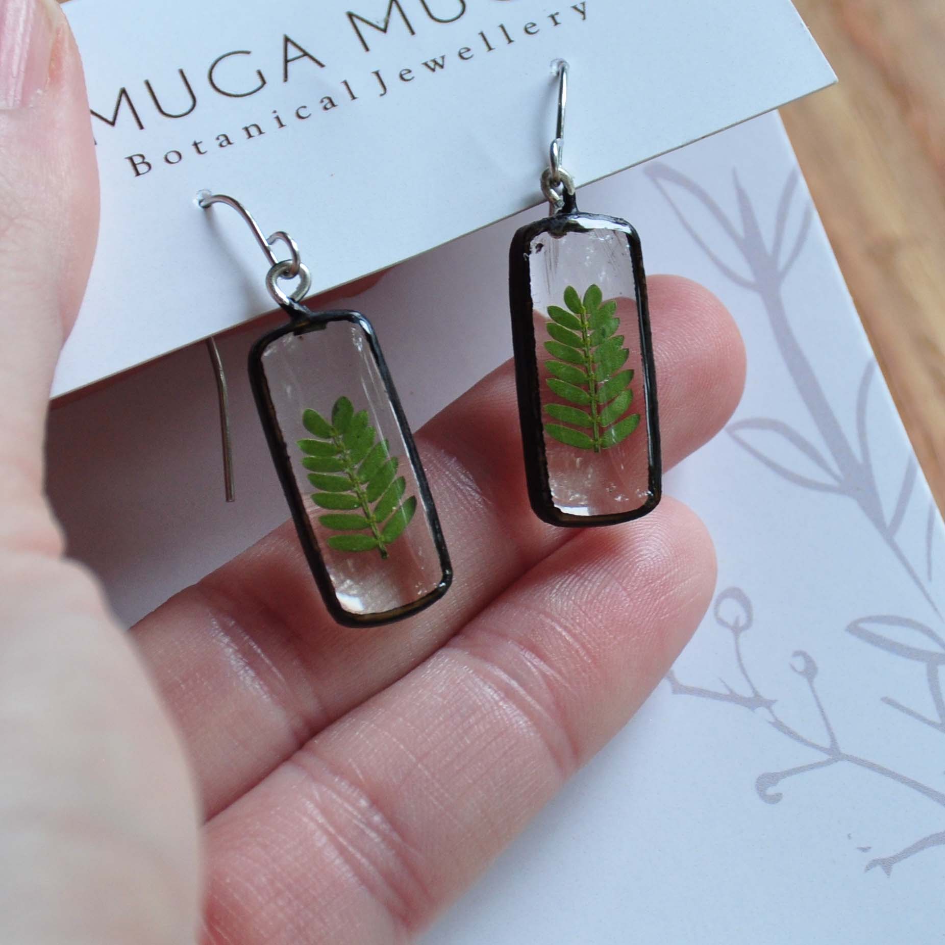 Muga Muga Dangle Earrings - Rectangle Small with Thorn Leaf